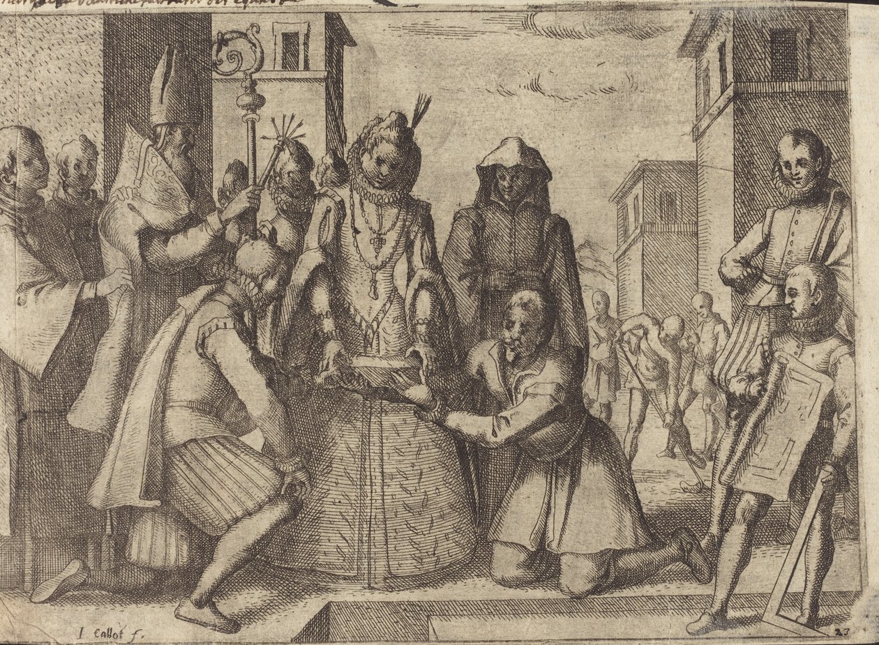 De Koningin legt de Eerste Steen voor de Kerk van de Arme Klaren in Spanje [verso] door Jacques Callot