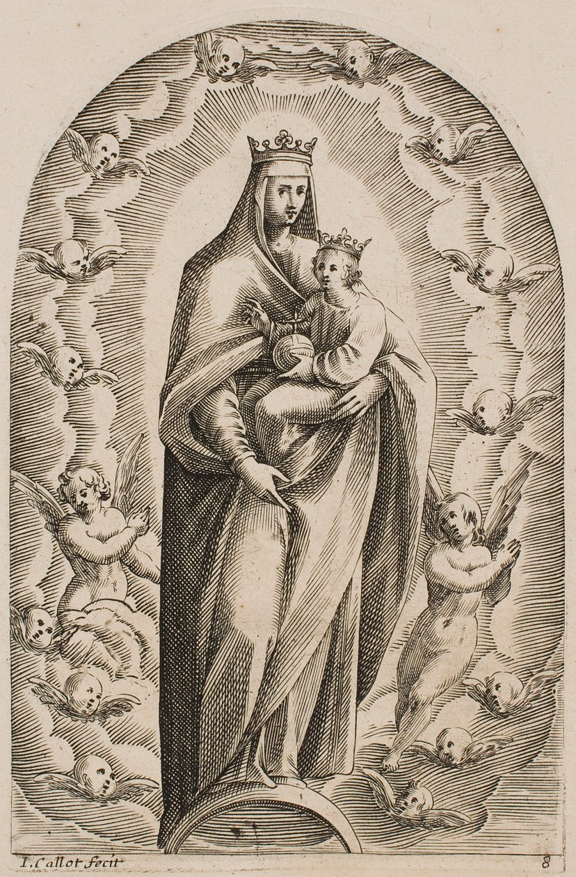 De Maagd staande op een halve maan, uit de serie „Beelden van Rome“ door Jacques Callot