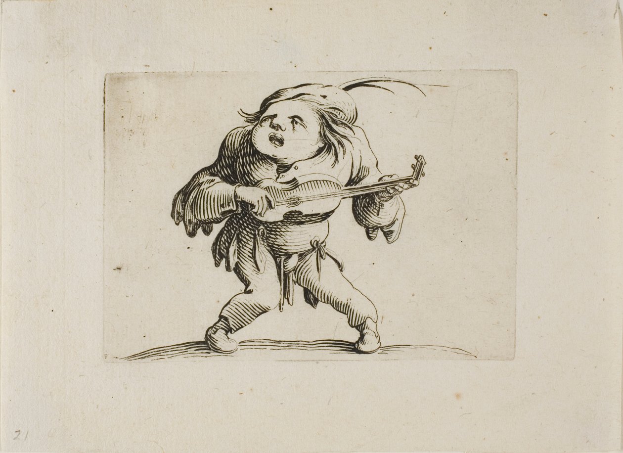 De Wankele Man die Gitaar Speelt, uit Varie Figure Gobbi door Jacques Callot