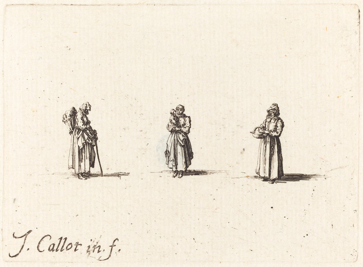 Drie vrouwen, een met een kind door Jacques Callot