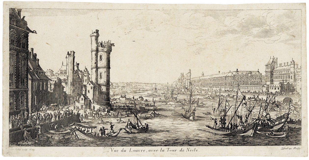 Uitzicht vanaf de Seine naar het Louvre aan de rechterkant ... (ets) door Jacques Callot