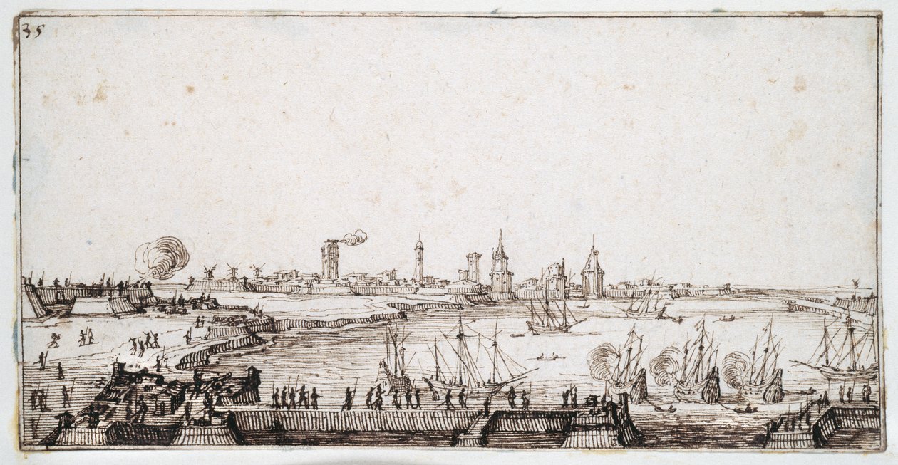 Uitzicht op de haven van La Rochelle met galeien die een saluut afvuren door Jacques Callot