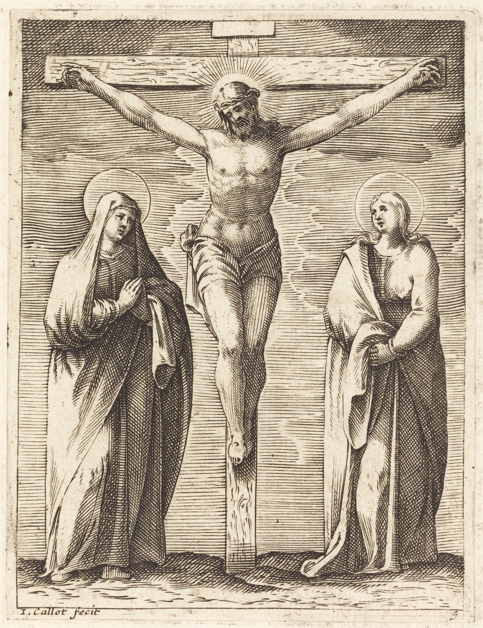 De Maagd Maria en de heilige Johannes aan de voet van het kruis door Jacques Callot