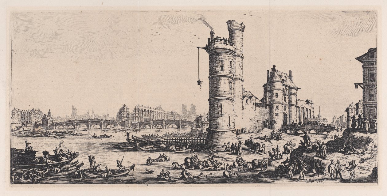 Uitzicht op de Pont-Neuf (View of the Pont-Neuf), uit „Les Deux Grandes Vues de Paris“ (De twee grote uitzichten op Parijs) door Jacques Callot