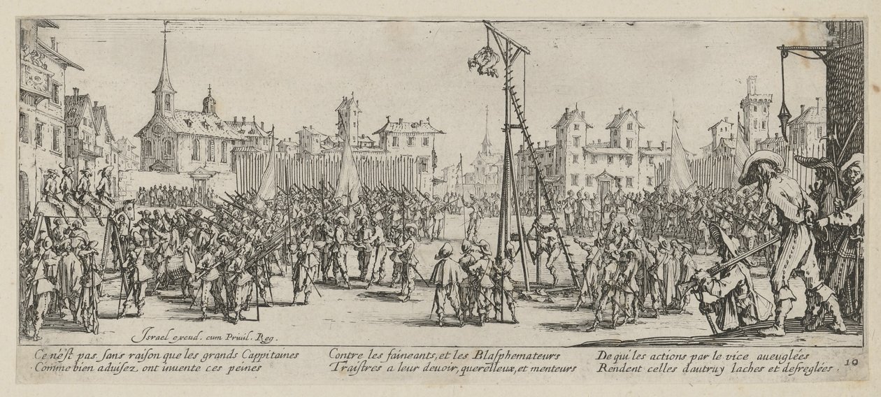 Wippgalgen, blad 10 van de serie „De gruwelen van de oorlog” door Jacques Callot