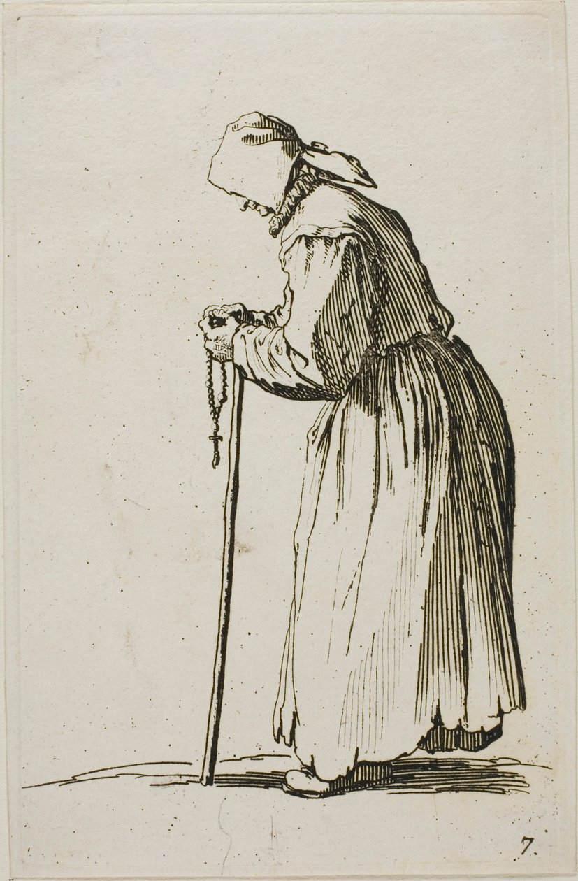 Vrouwelijke Bedelaar met een Rozenkrans, plaat zeven uit De Bedelaars door Jacques Callot