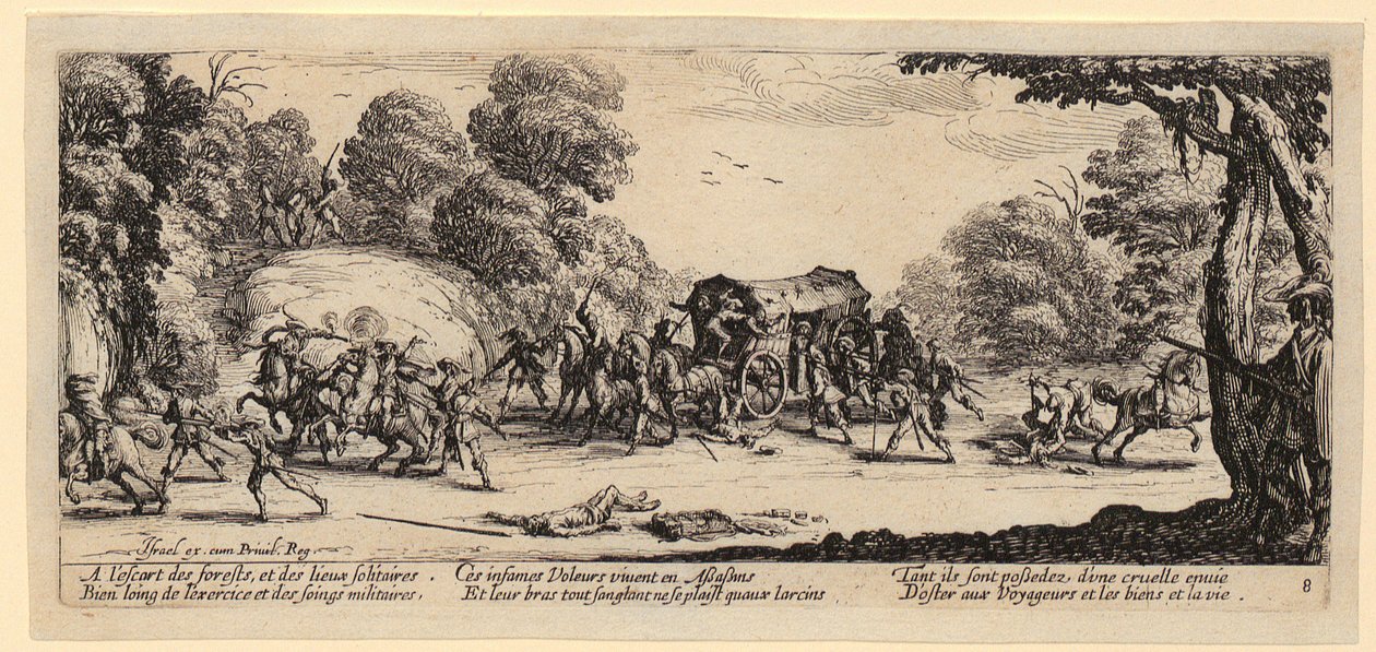aanval op een postkoets, blad 8 van de serie „De gruwelen van de oorlog” door Jacques Callot
