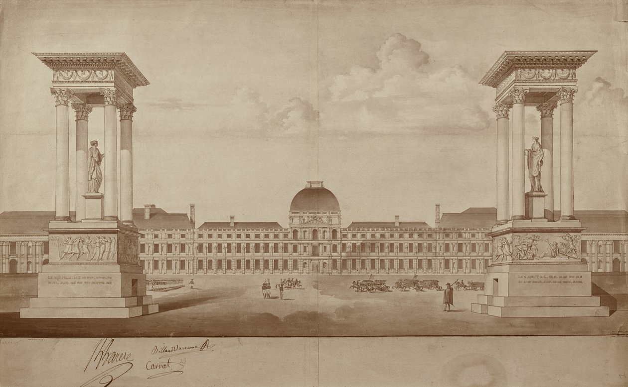 Plan voor de monumenten ter herdenking van 14 juli en 10 augustus, te plaatsen op Place du Carrousel door Jacques Delannoy