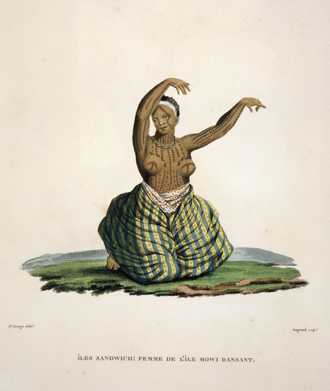 Dansende vrouw van het eiland Maui, op de Hawaiiaanse Eilanden, gegraveerd door Parfait Augrand (geb.1782) door Jacques Etienne Victor Arago
