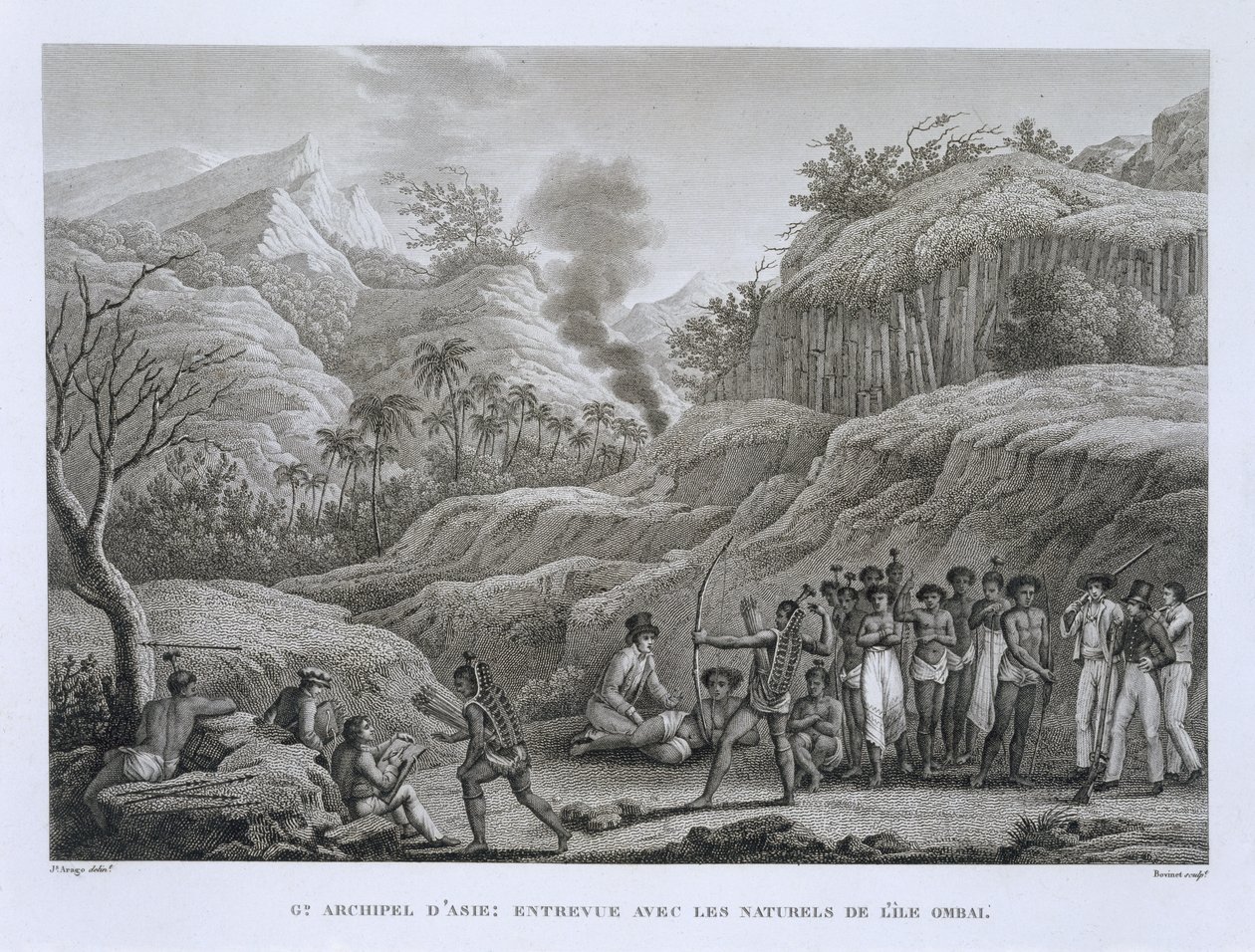 Groot Aziatisch Archipel: Franse ontdekkingsreizigers met inboorlingen op het eiland Ombai, uit Voyage Autour du Monde (1817-20), door Louis Claude Desaulses de Freycinet (1779-1842) gegraveerd door Bovinet, gepubliceerd door Jacques Etienne Victor Arago