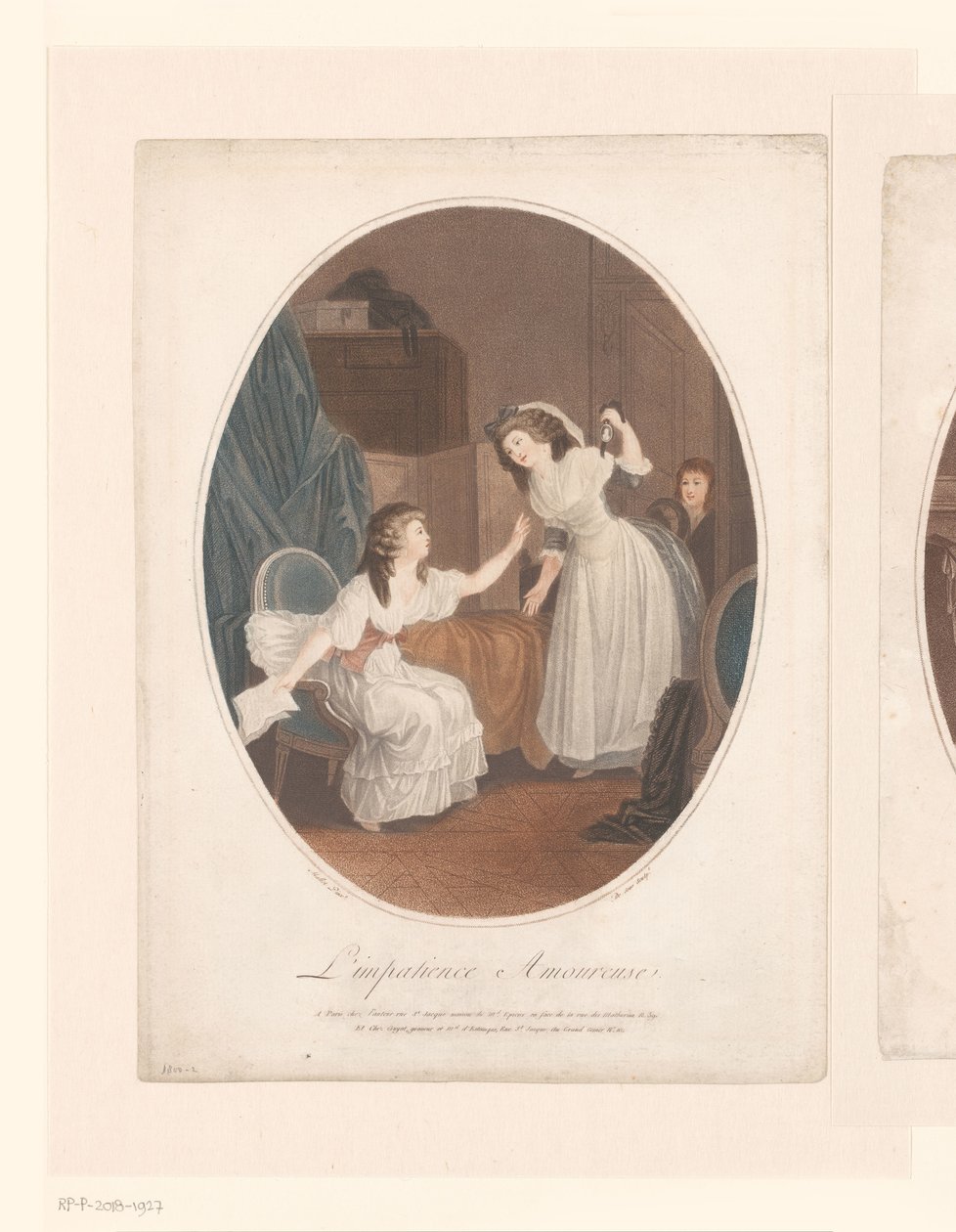 Interieur met twee elegante dames, in de deuropening een jongen door Jacques Eustache de Sève