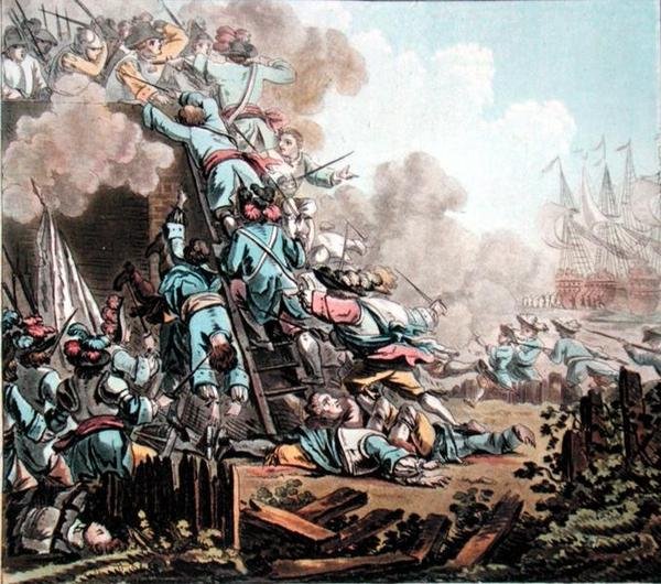 Verovering van het Fort van San Salvador, Sicilië (1674), gegraveerd door Jean Baptiste Morret door Jacques Francois Joseph (after) Swebach