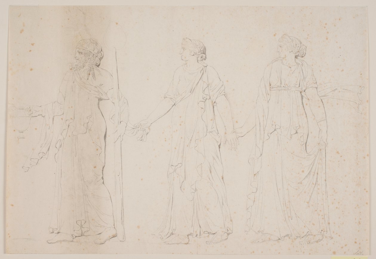 Offerhandeling (?) Drie wandelende figuren in Griekse gewaden. Voorop een man met een amfora en een staf of fakkel, gevolgd door twee vrouwen door Jacques Francois Joseph Saly