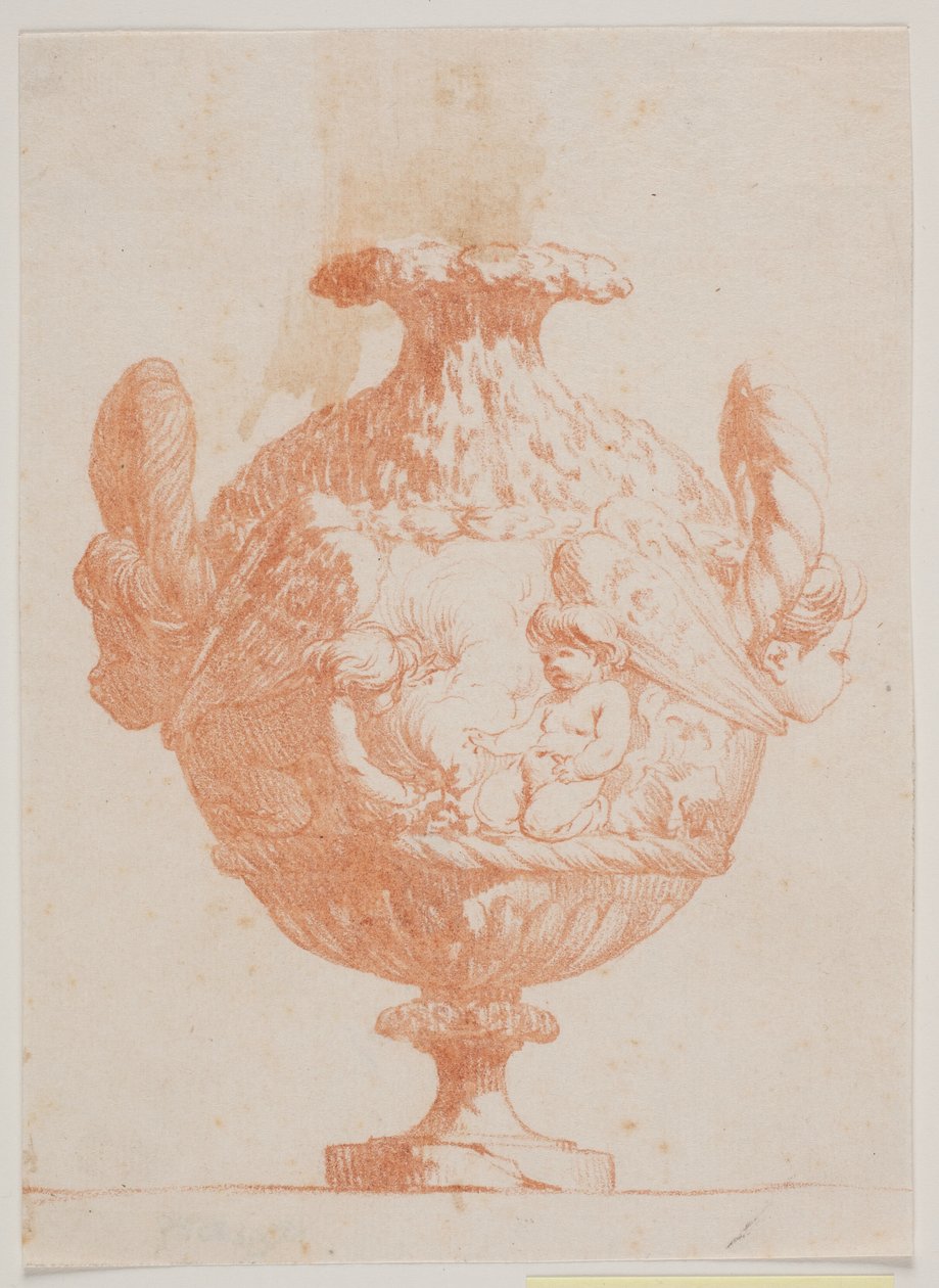 Sierlijke vaas met twee hoofden en twee putti. Kopie naar pl. 19 in de suite van de in 1746 door Saly getekende vazen. "Vasa a se inventa..." door Jacques Francois Joseph Saly