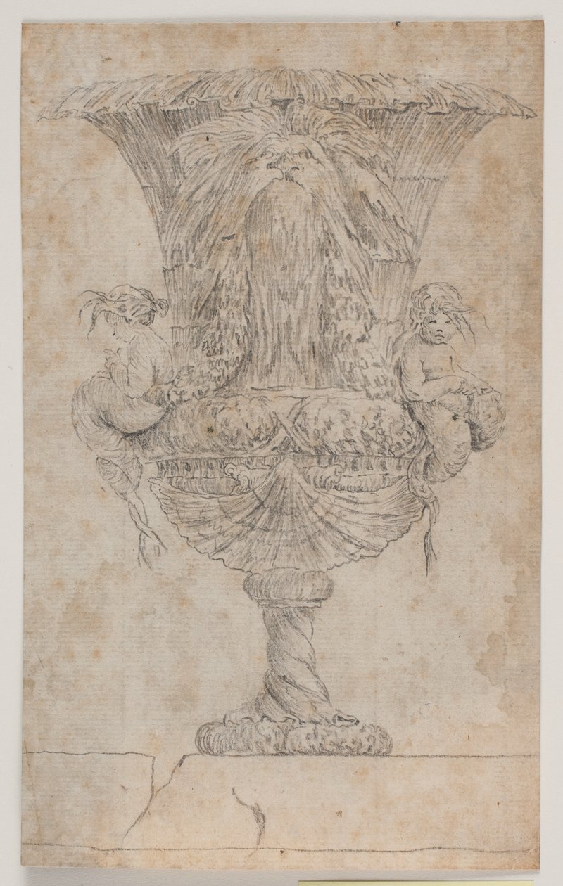 Sierlijke vaas met twee putti (zeemeerminnen?). Kopie naar gravure (pl. 9) in de suite van de in 1746 door Saly getekende vazen. "Vasa a se inventa..." door Jacques Francois Joseph Saly