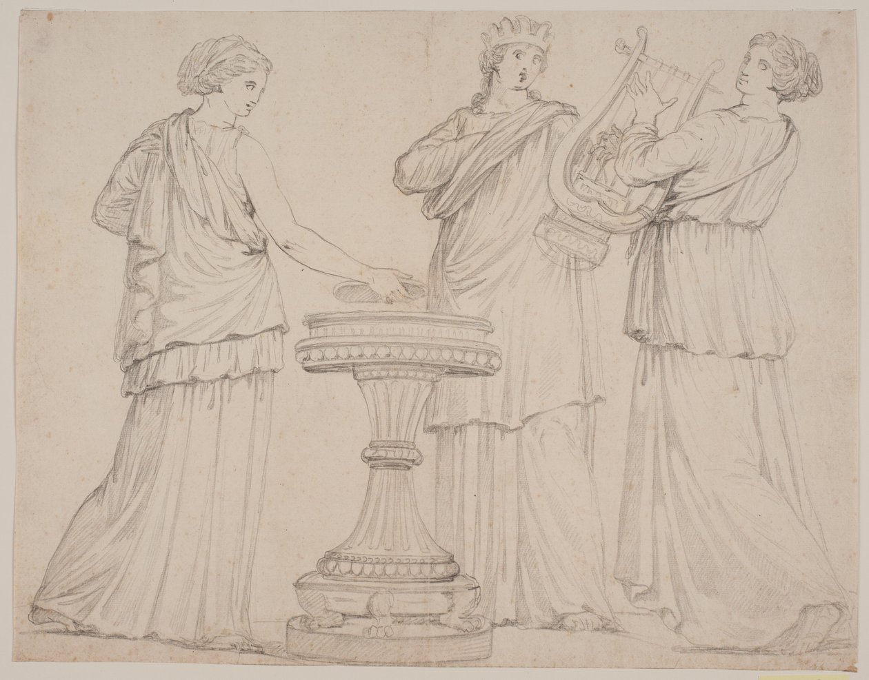 Drie vrouwen in Griekse gewaden bij een altaar. Vrouw links met een tablet (?), in het midden met een kroon, rechts met een lier (terpsichore?) door Jacques Francois Joseph Saly
