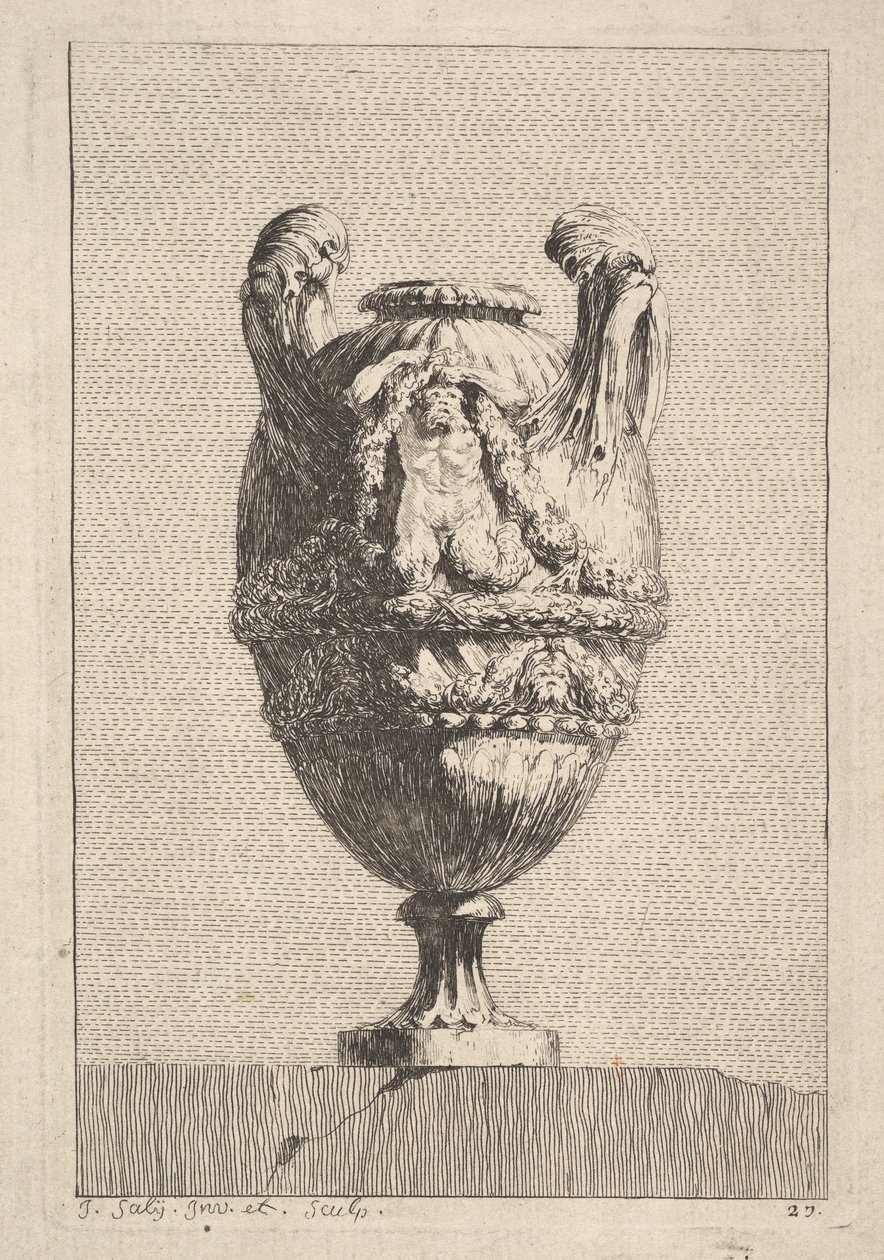 Vaas met een mannelijke sirene die een guirlande vasthoudt, uit: Vazen, 1746 door Jacques Francois Joseph Saly