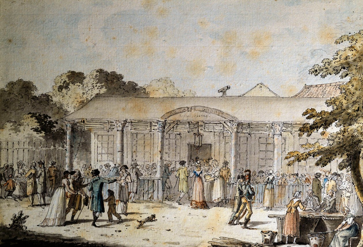 Uitzicht op het Café Goddet (of Godet), Boulevard du Temple, ten tijde van het Consulaat door Jacques Francois Joseph Swebach