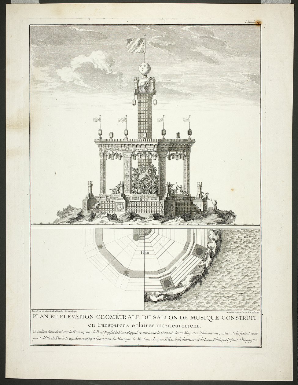 Plan and Elevation of a Music Room, plaat drie uit Description des Festes Données par la Ville de Paris door Jacques François Blondel
