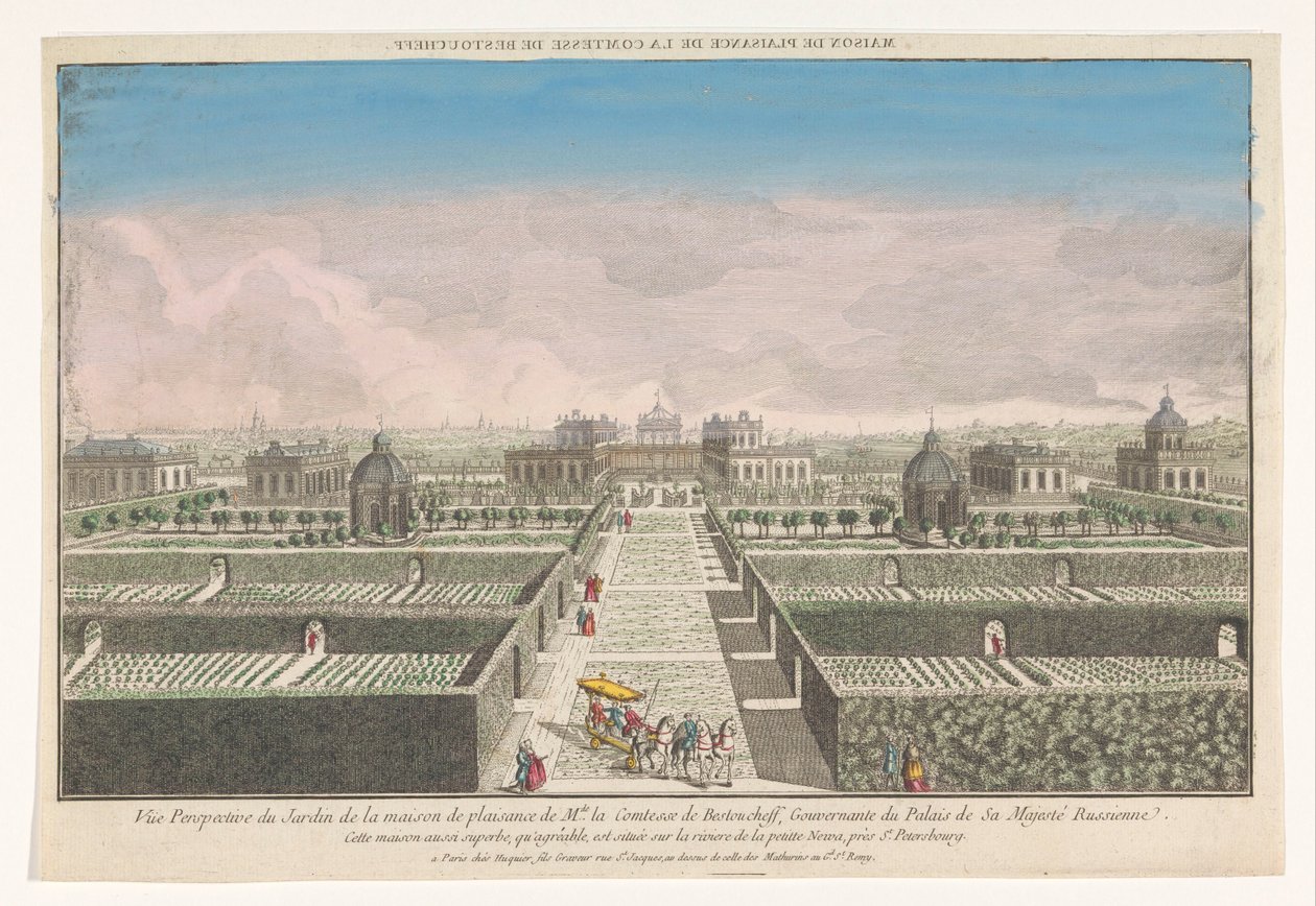 Gezicht op de tuin van het buitenhuis van de gravin van Bestoucheff in de omgeving van de stad Sint-Petersburg door Jacques Gabriel Huquier