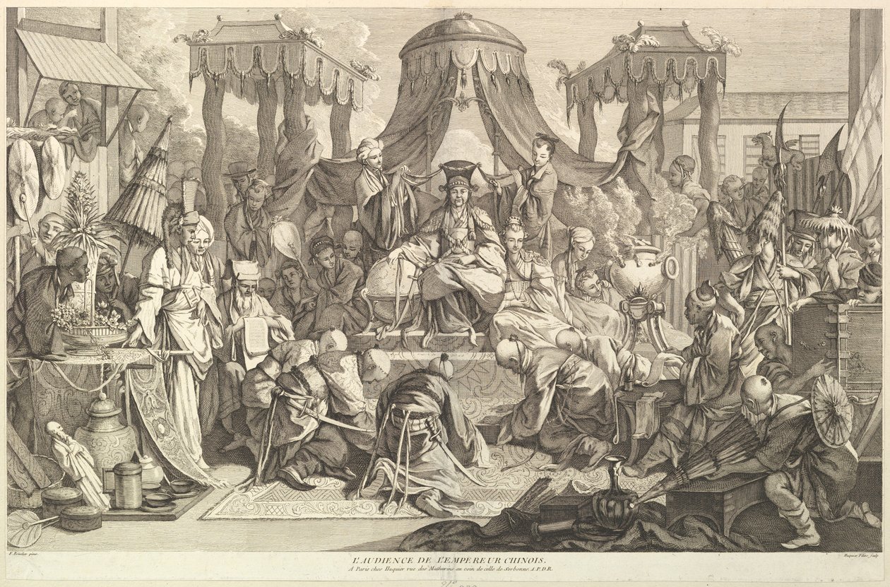 De audiëntie van de Chinese keizer, uit Chinois... door Jacques Gabriel Huquier