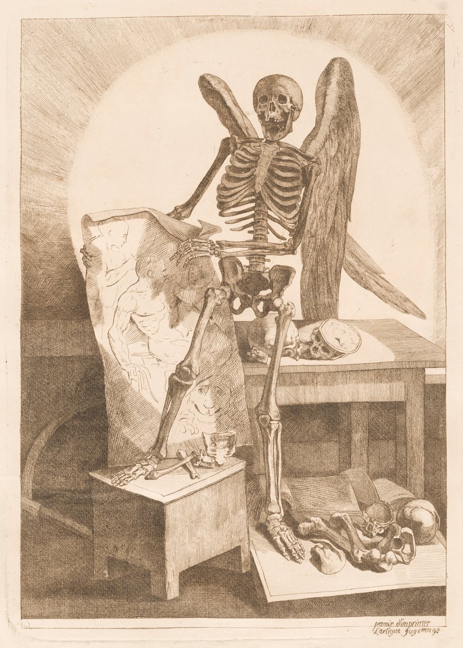 Een Gevleugeld Skelet met een Anatomische Tekening door Jacques Gamelin