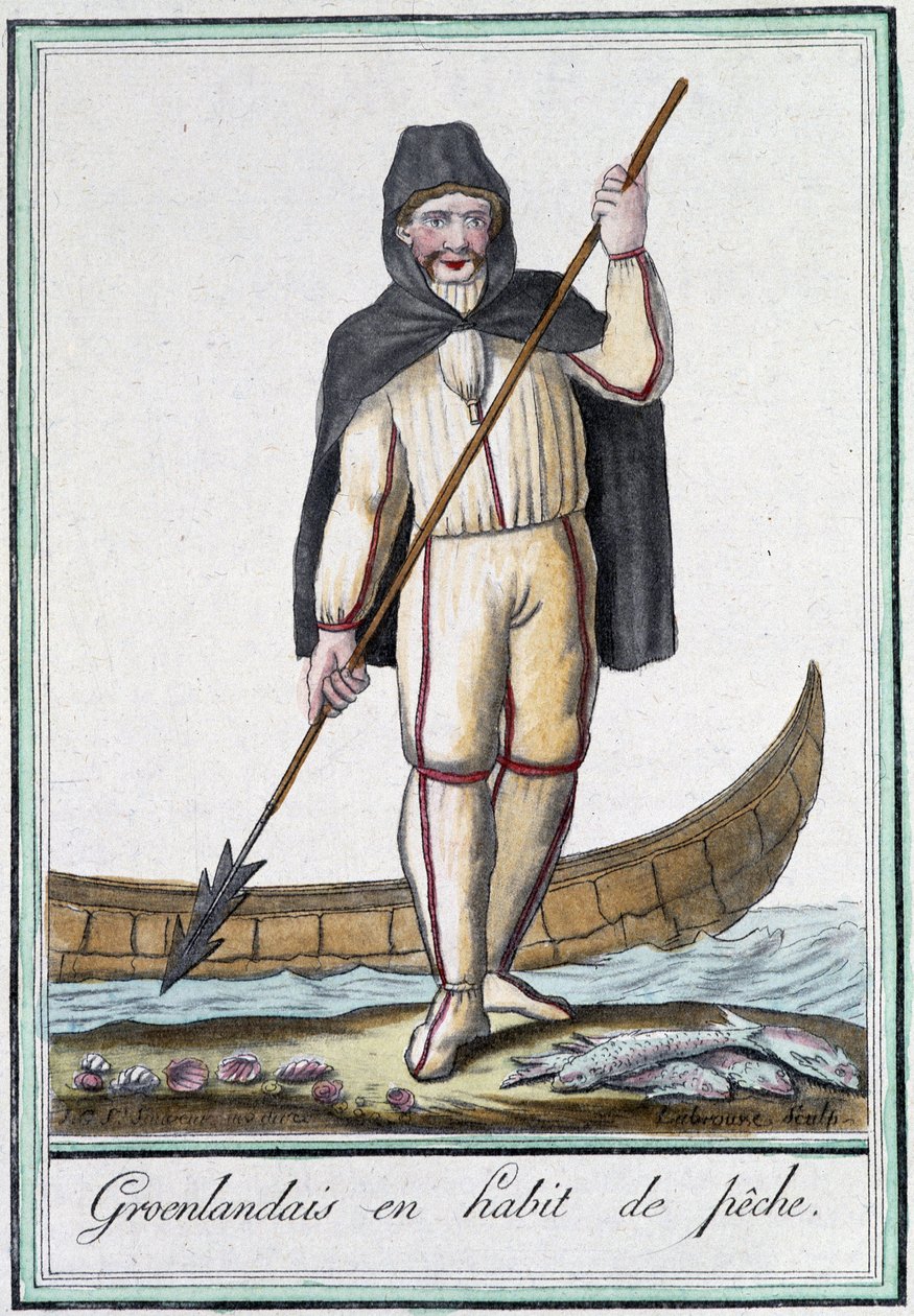 Groenlander in visserijkleding - in "Encyclopédie des voyages" door Grasset Saint Sauveur, ed. Parijs 1796 door Jacques Grasset de Saint Sauveur