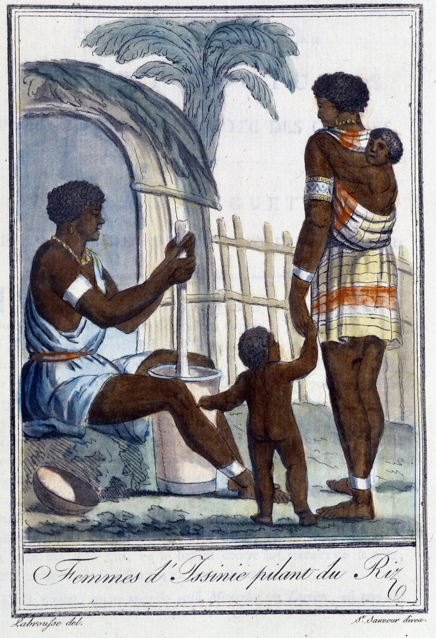 Vrouwen van Issinie rijst stampend - in "Encyclopedie van Reizen" door Grasset St Sauveur, ed. 1796 door Jacques Grasset de Saint Sauveur
