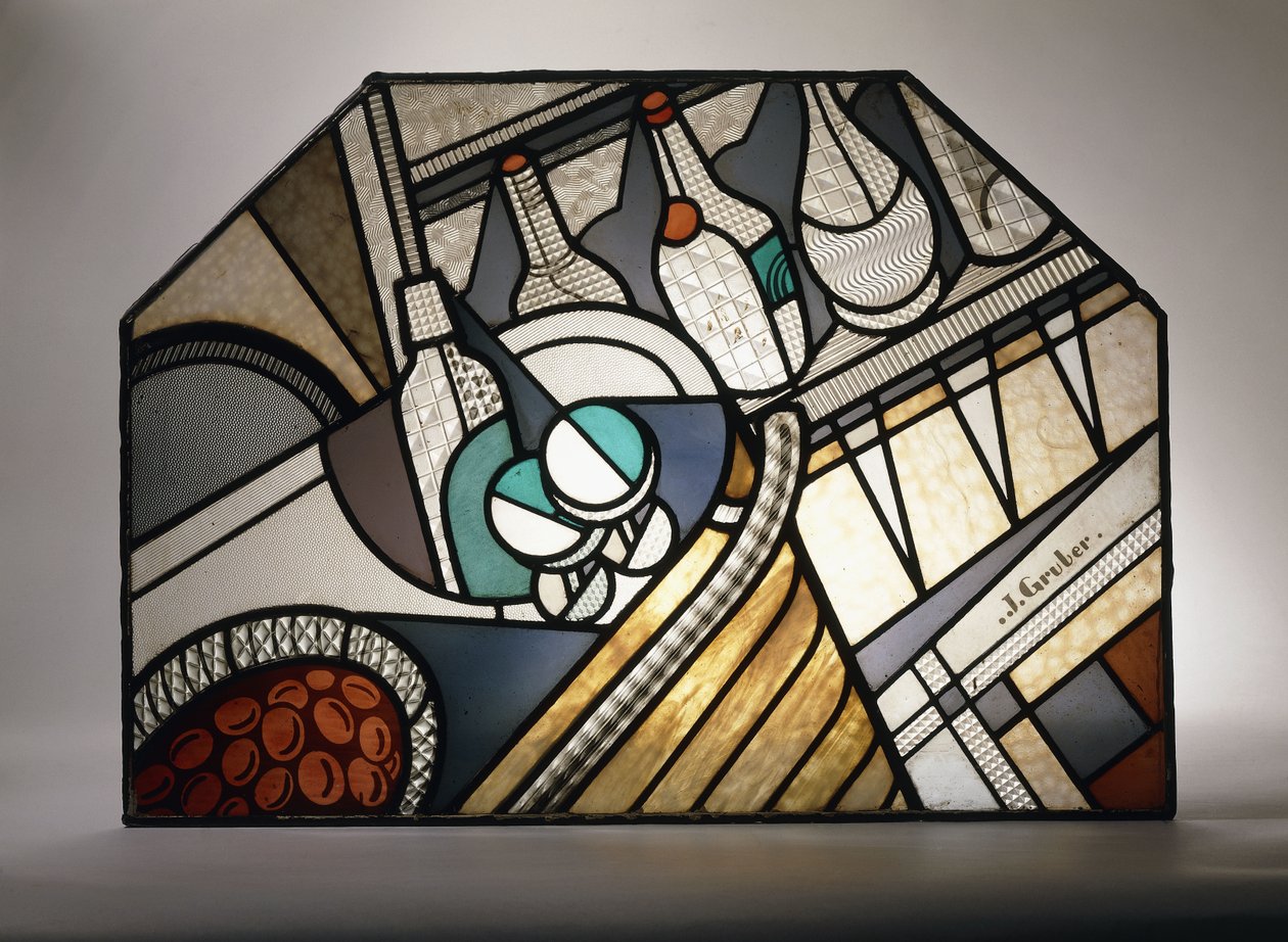 Een Art Deco glas-in-lood paneel met een cocktailbar door Jacques Gruber