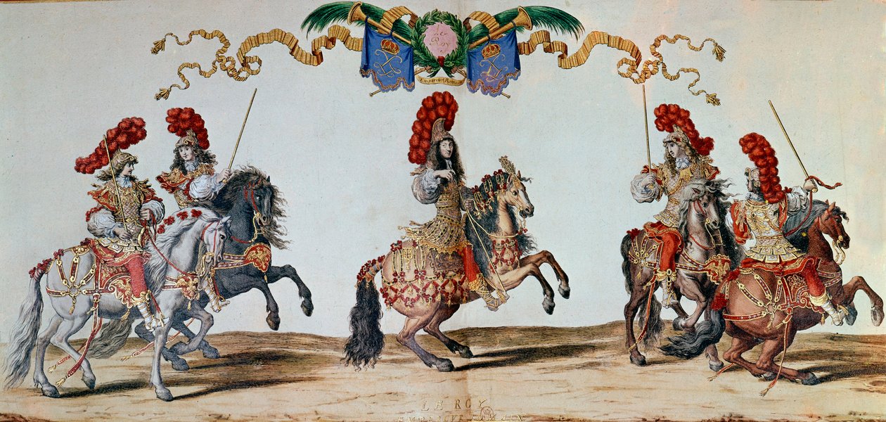 Carrousel van 1662: Koning Lodewijk XIV en de ridders die deelnemen aan de Carrousel van 1662 in Parijs (gravure) door Jacques I Bailly