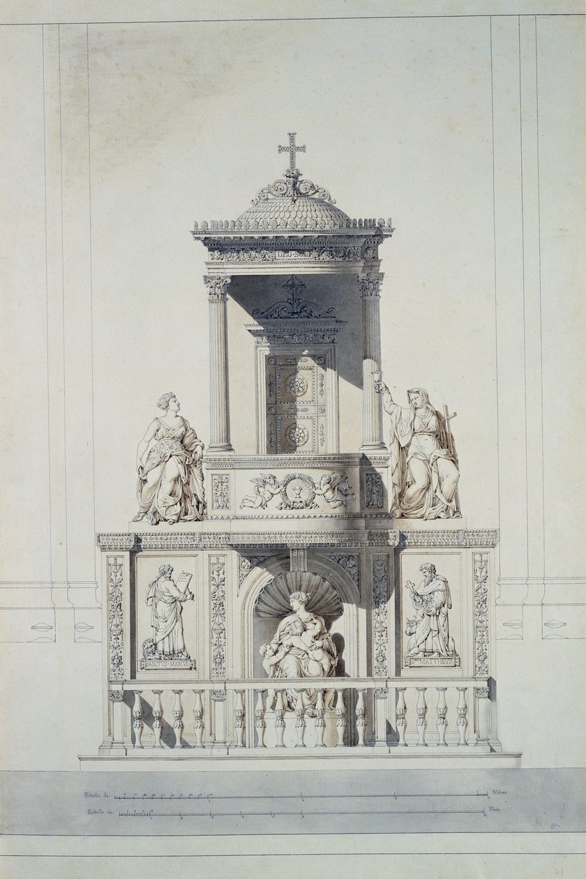 Ontwerp voor een preekstoel, ca. 1825 (pen en inkt en wc op papier) door Jacques Ignace Hittorff
