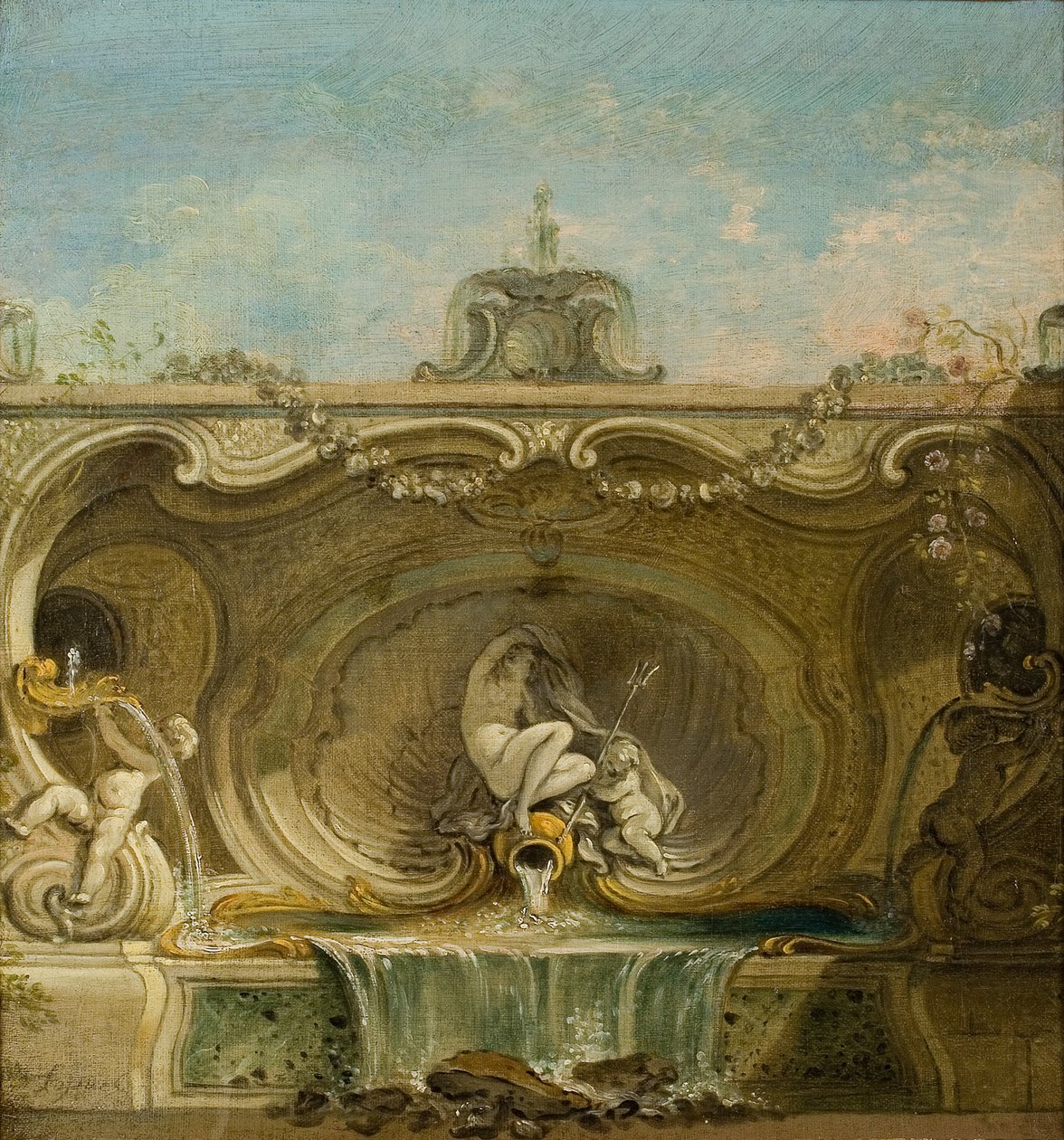 Fonteinontwerp. Naiade en Putto, ca. 1740 door Jacques Lajoue de