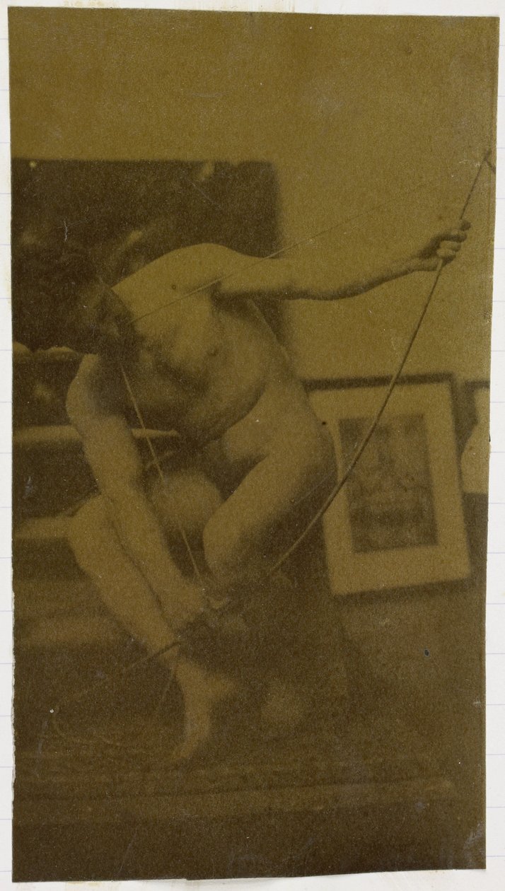 Studie van een mannelijk naaktmodel, gehurkt met een boog in de hand van voren gezien door Jacques Lalaing (attributed to)