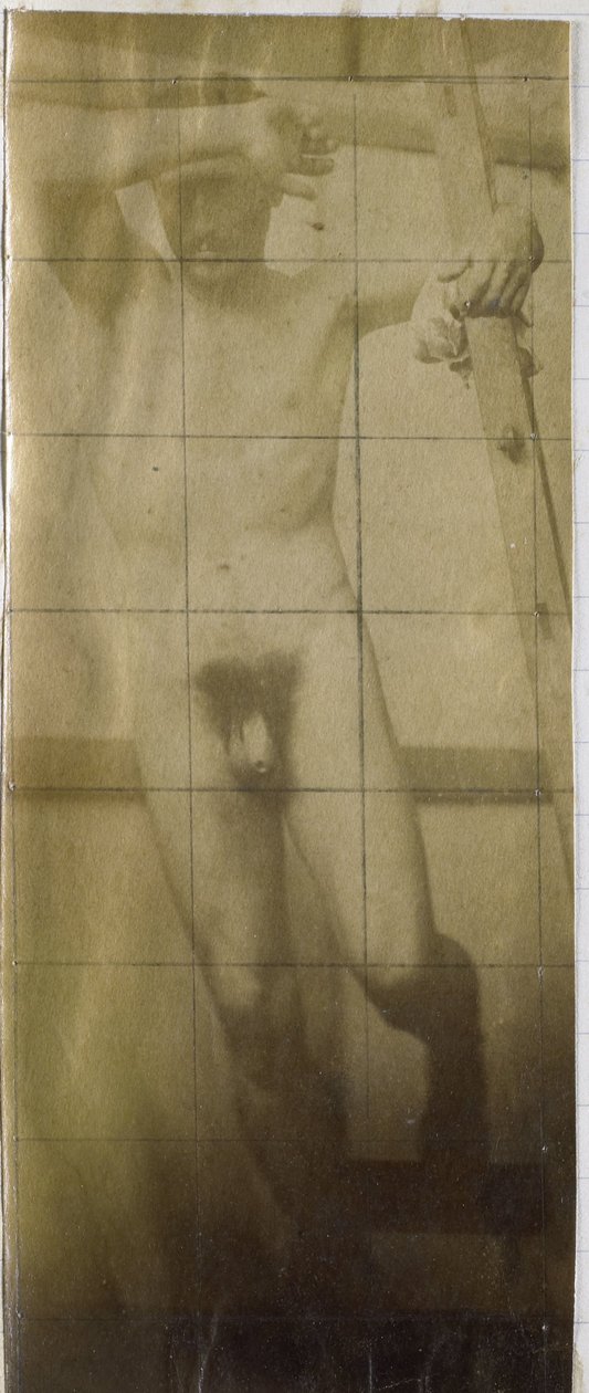 Studie van een mannelijk naaktmodel, hangend in een houten stellage door Jacques Lalaing (attributed to)