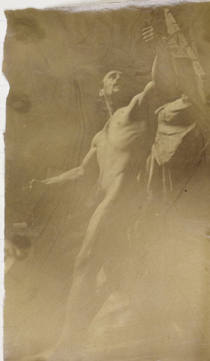 Studie van een mannelijk naaktmodel met de hand in een stellage door Jacques Lalaing (attributed to)