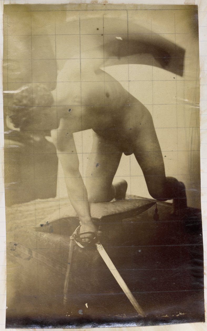 Studie van een mannelijk naaktmodel, op de knieën met een zwaard en schild in de handen door Jacques Lalaing (attributed to)