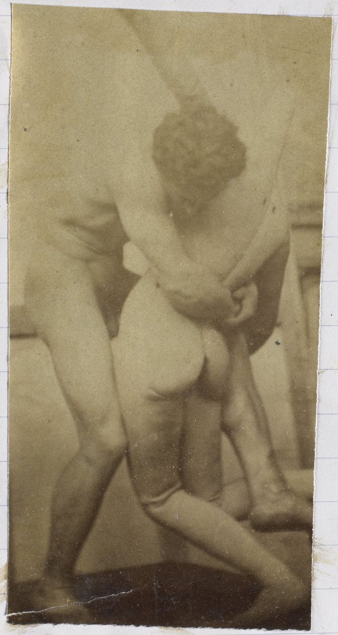 Studie van een mannelijk naaktmodel, staand en worstelend met ledenpop, mogelijk voorstudie voor het schilderij De worstelaars door Jacques Lalaing (attributed to)