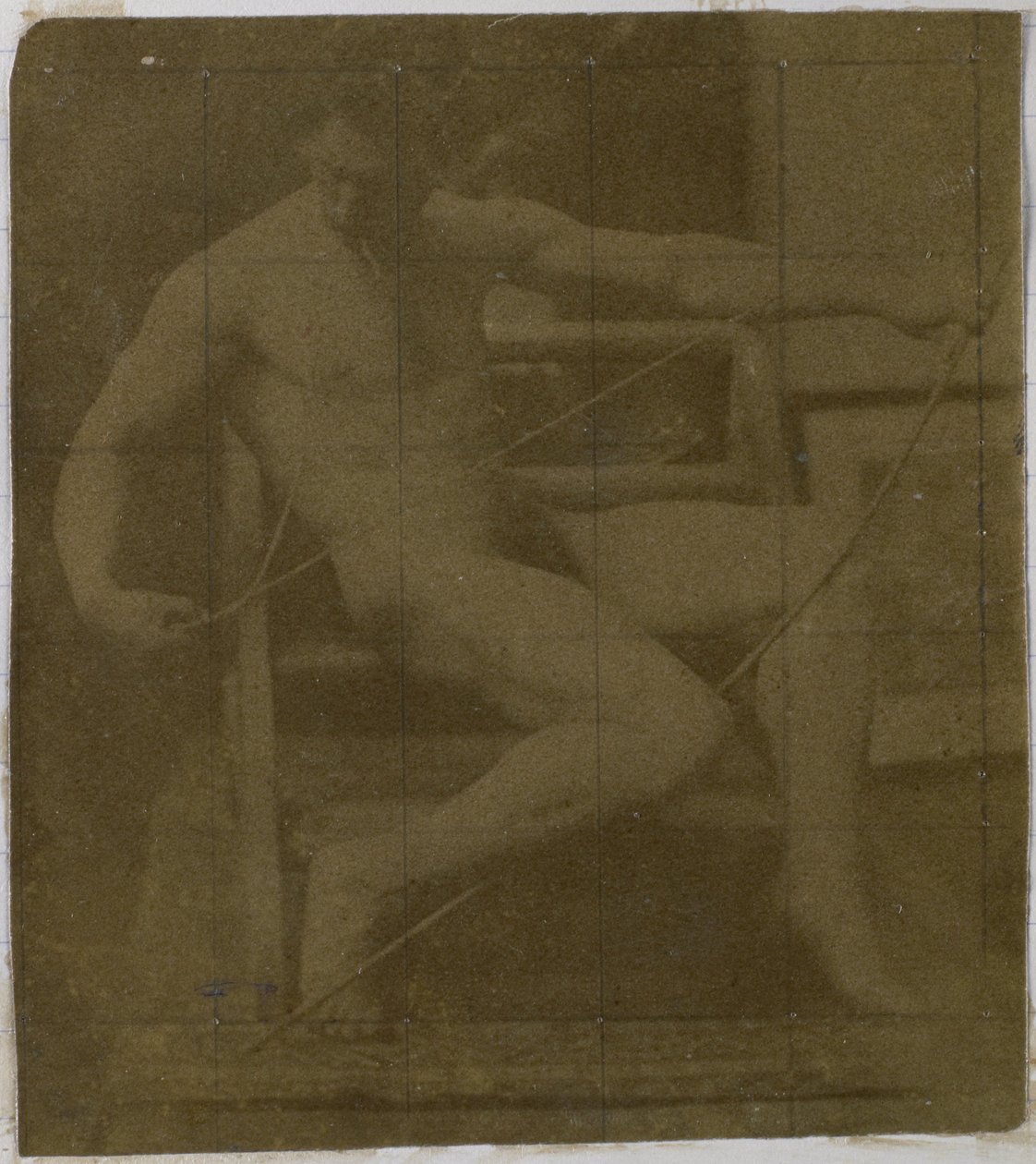 Studie van een mannelijk naaktmodel, zittend op een trapje, van voren gezien met touw en boog op schoot door Jacques Lalaing (attributed to)