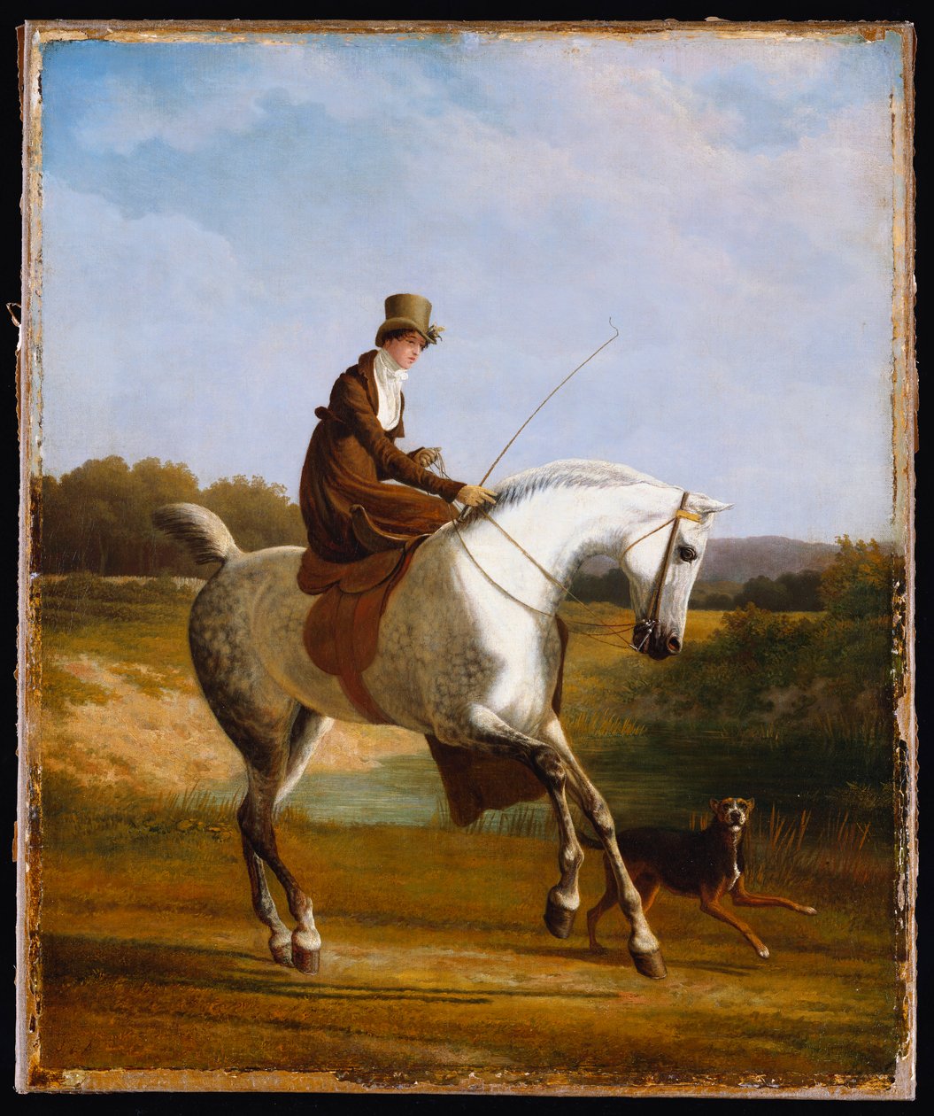 Miss Cazenove op een Grijze Jager, een Hond die Meeloopt door Jacques Laurent Agasse