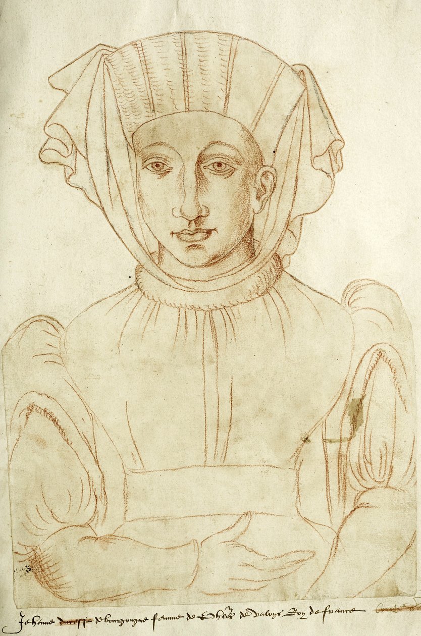 "Jehenne de Bourgongne vrouw van Philippes de Valoys koning van Frankrijk", fol. 6 van de Recueil d