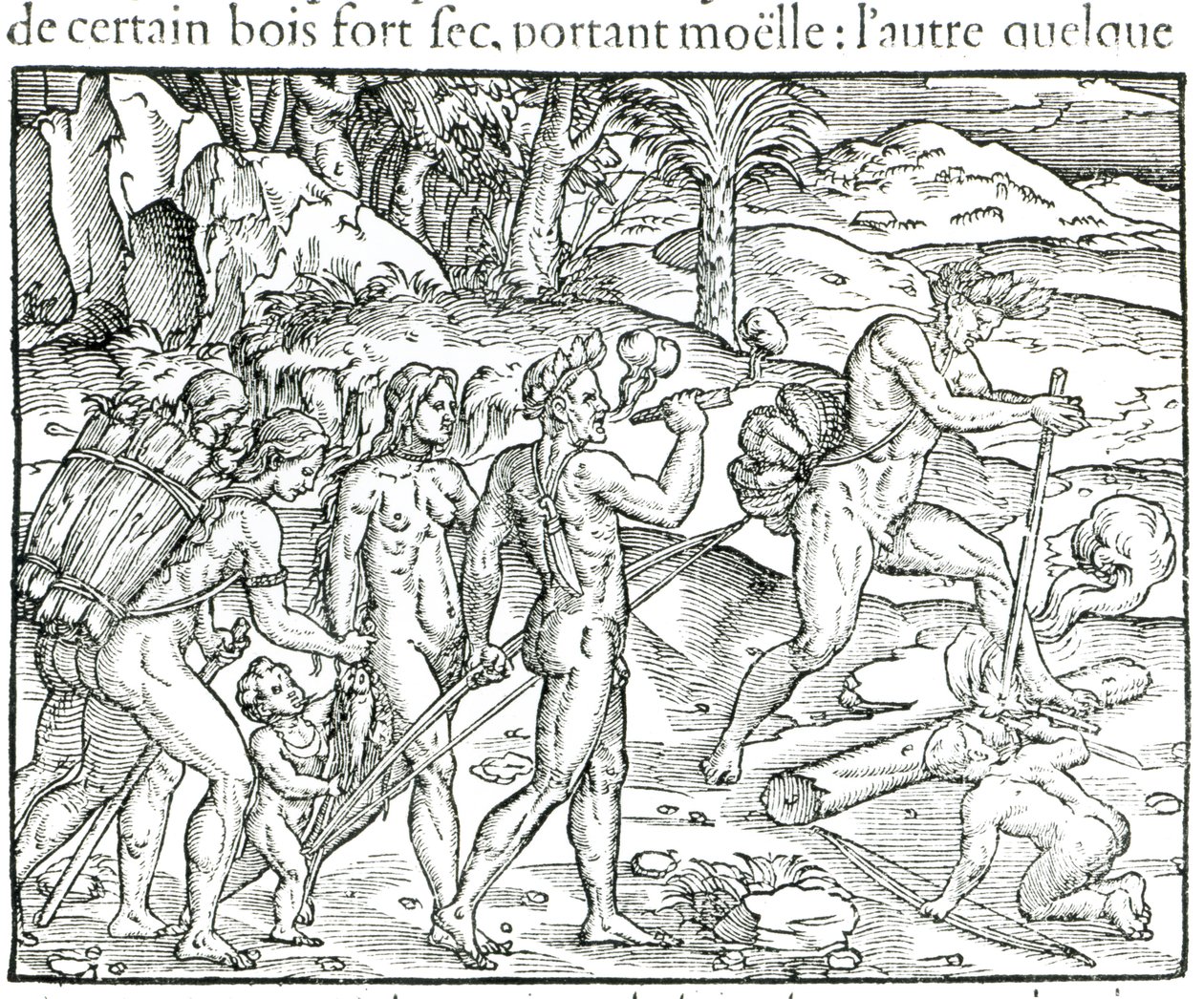 Inheemse Indianen die Vuur Maken na de Jacht, gegraveerd door Theodor de Bry (1525-75) door Jacques Le Moyne