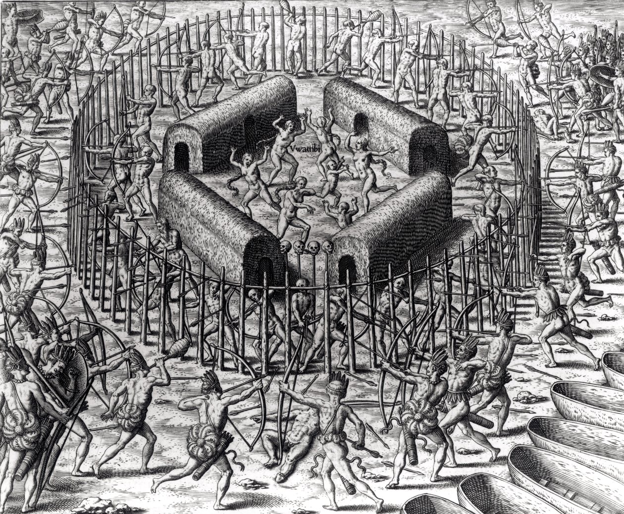 Johannes Staden helpt de Indianen die hem gevangen hebben genomen te verdedigen tegen de Tuppin Tkins, gegraveerd door Theodore de Bry (1528-98), uit 