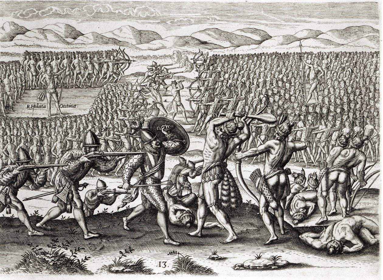 Outina verslaat Patanou met de hulp van de Fransen, Florida, 1564, uit 