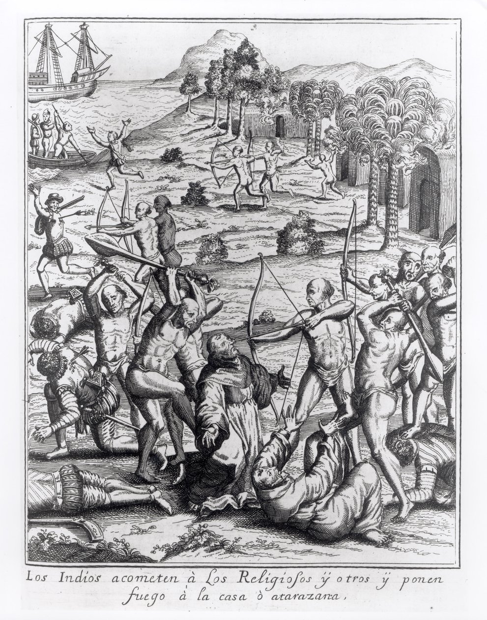 De Indianen vallen de priesters en anderen aan en steken hun huizen in brand, gravure uit 