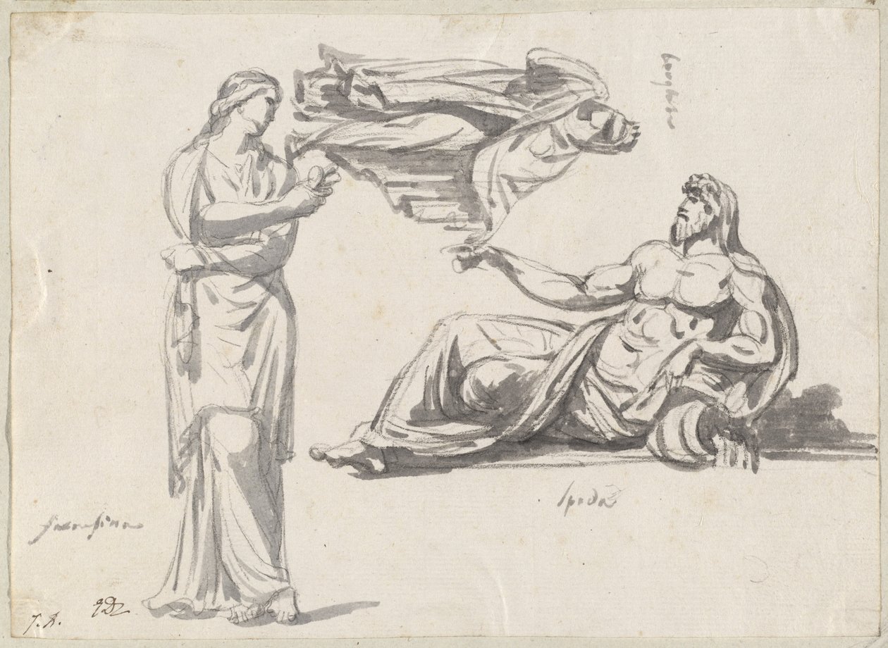 Een riviergod en twee klassieke sculpturen door Jacques Louis David