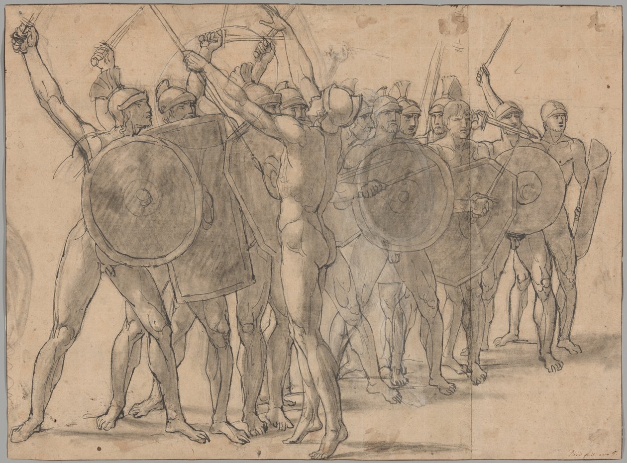 Naakte soldaten gebarend met hun wapens (recto); Twee draperiestudies voor de figuur van Tatius (verso) door Jacques Louis David