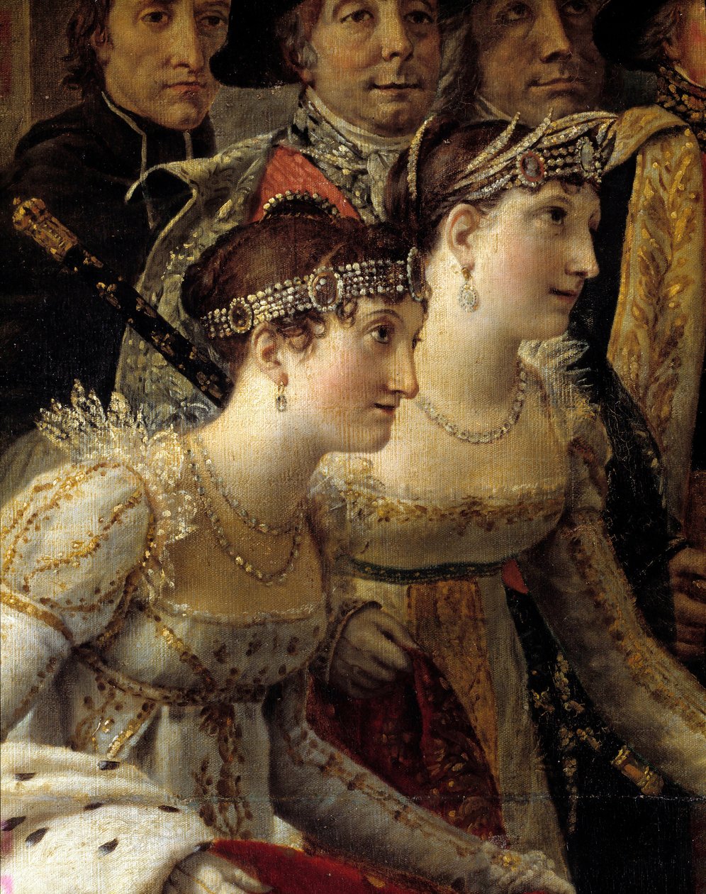 Het Ritueel van Napoleon. Detail met Madame de la Rochefoucault en Madame Lavalette tijdens de kroning van keizer Napoleon I Bonaparte en keizerin Josephine in de Notre-Dame van Parijs op 2 december door Jacques Louis David
