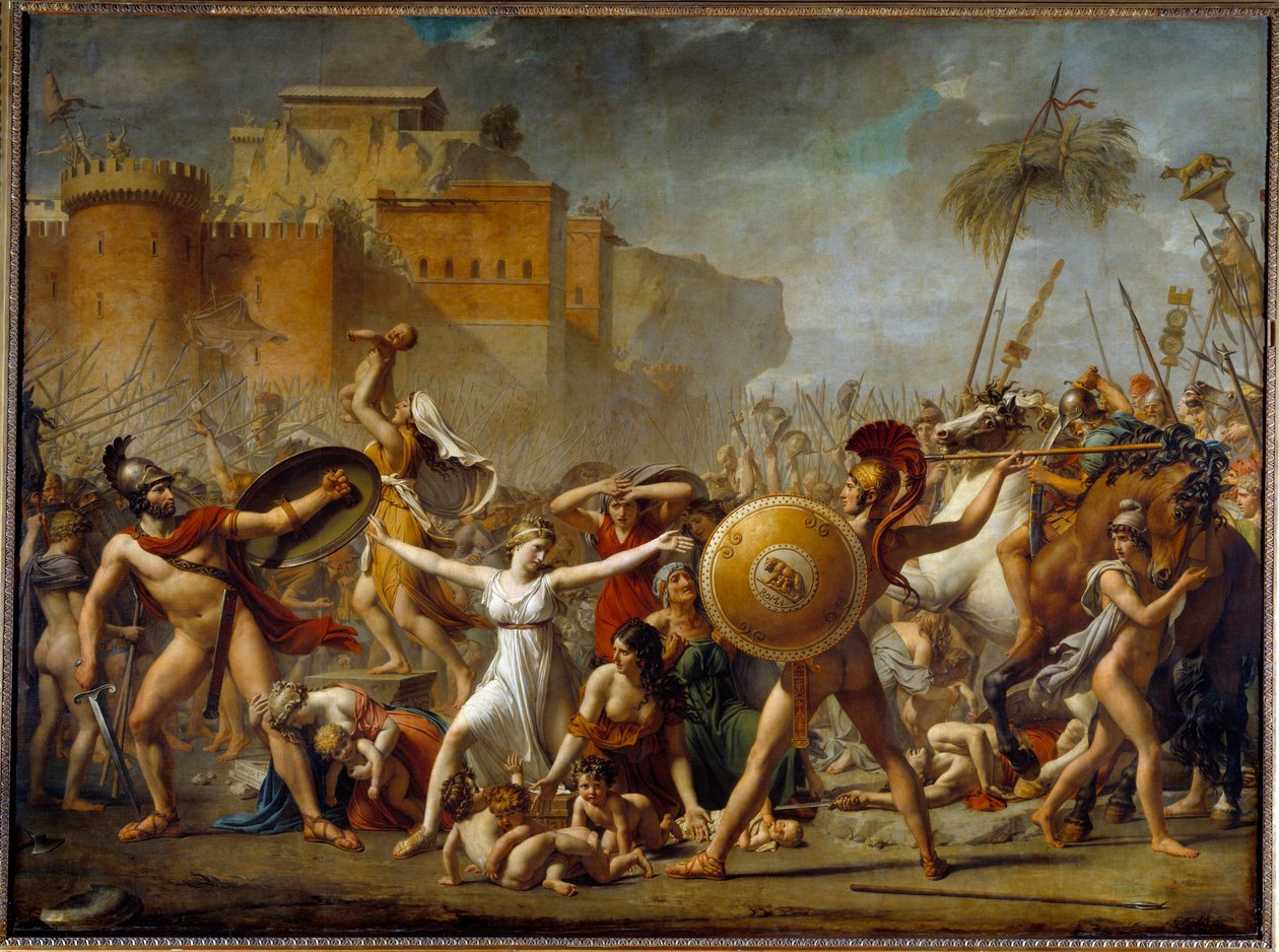 De Sabijnen die tussen hun Romeinse echtgenoten (rechts) en hun Sabijnse broers (links) komen en hun kinderen tonen. door Jacques Louis David