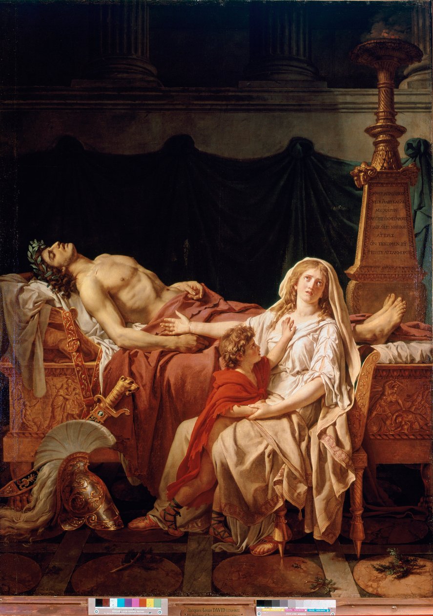 Het verdriet van Andromache. Hectors weduwe, gedood door Achilles, afgebeeld met het lichaam van haar man. Schilderij door Jacques Louis David (1748-1825) Parijs, Musee du Louvre door Jacques Louis David