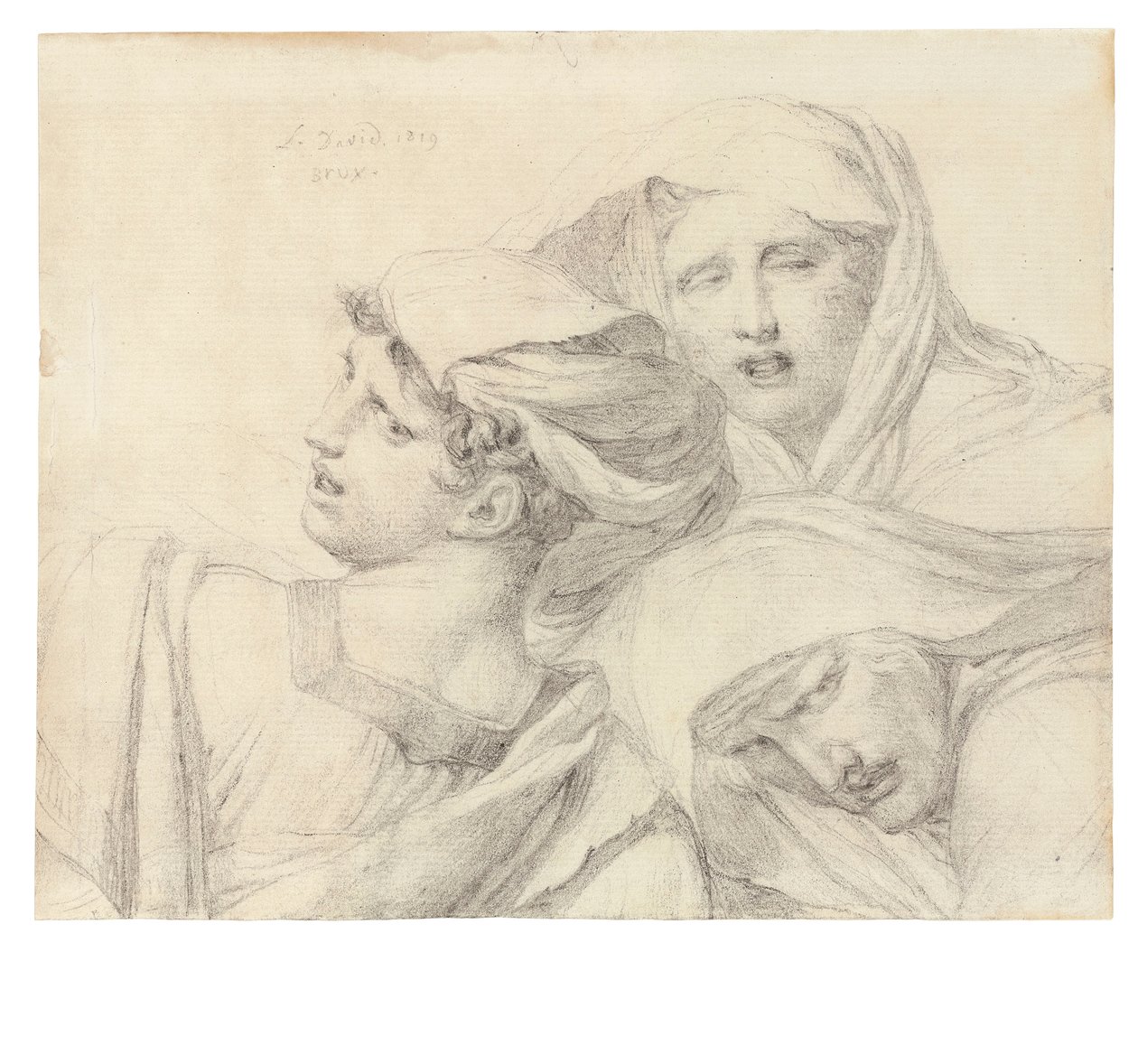 Drie vrouwen in klassieke kleding, borstlengte, met angstige uitdrukkingen, 1819 door Jacques Louis David
